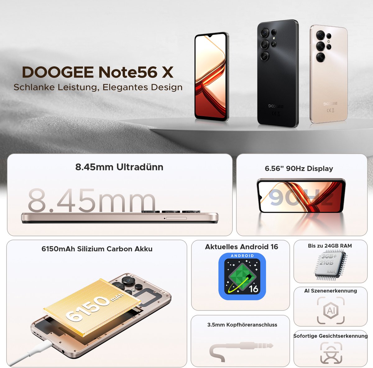 DOOGEE Note 56X Teléfono Android 16, 8,45mm Ultra Delgado y Ligero, 24GB+ 64GB, 6,56 IPS Pantalla 90Hz, Móvil Smartphone 4G, Cámara 8MP+5MP, Batería 6150 mAh, Dual SIM, Radio FM, 3,5mm, GPS Gris