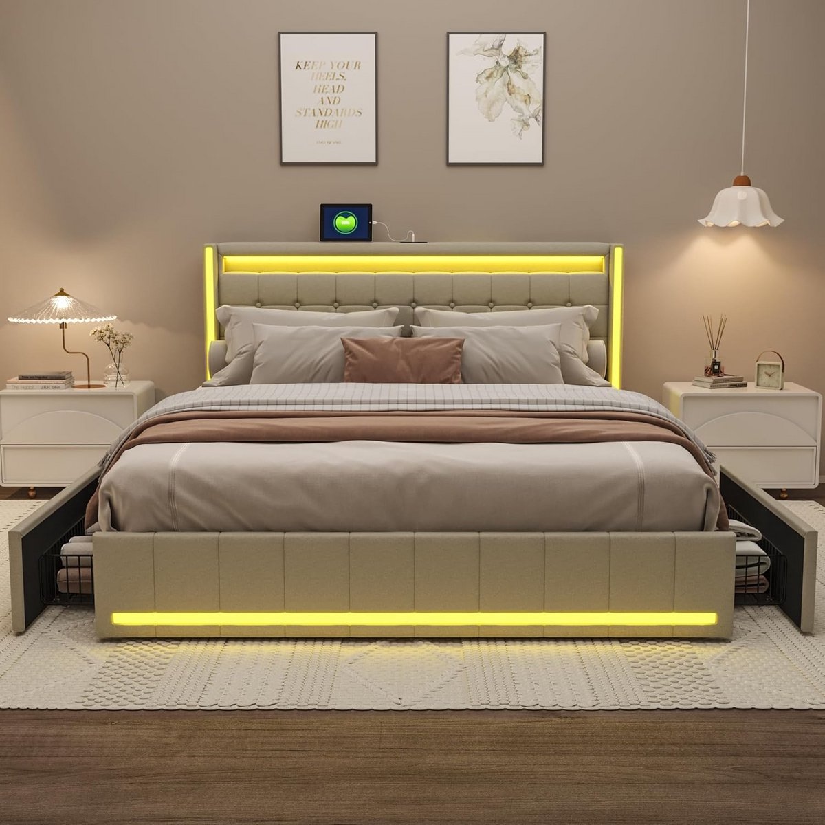 Gestoffeerd Tweepersoonsbed 160 x 200 cm met USB en 4 Laden - Bed met Opbergruimte en Hoofdeinde