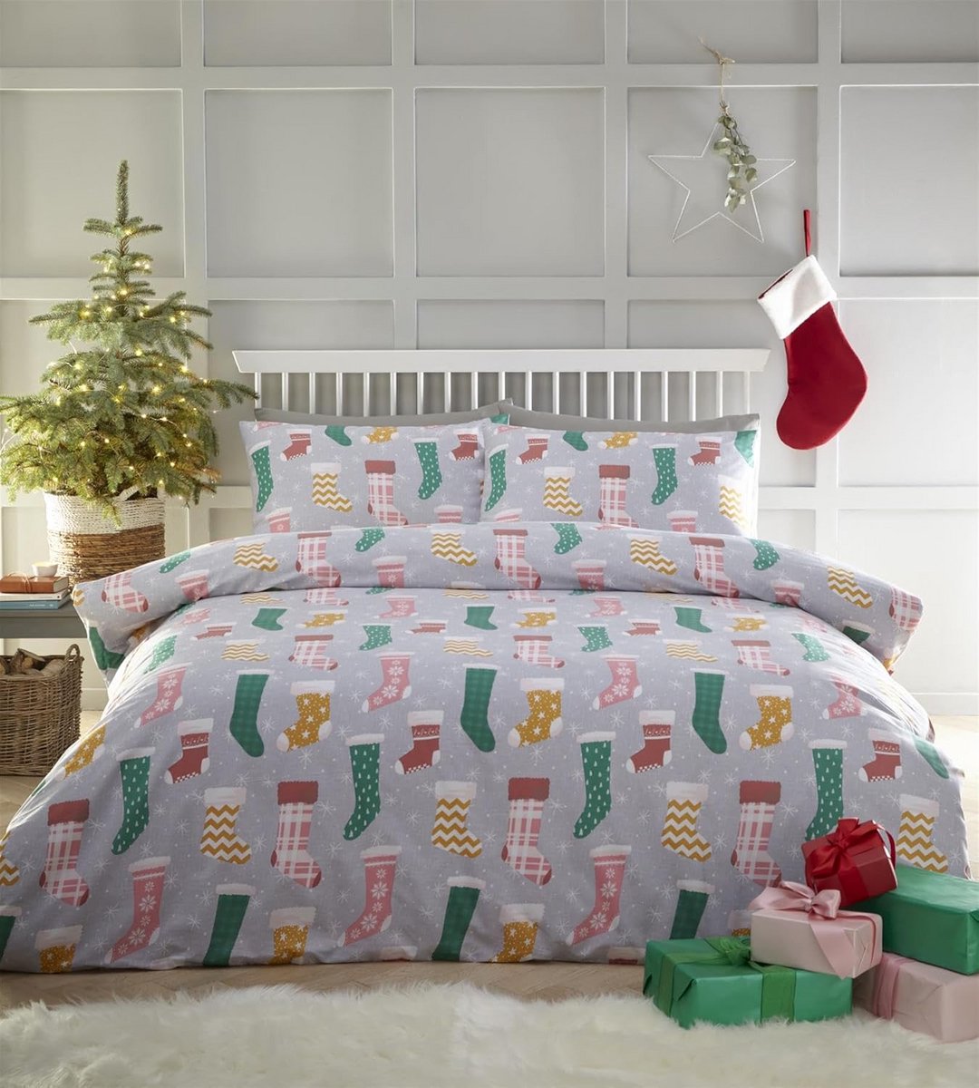 Kerst Dekbedovertrek Set met Kerstsokken Print - Dubbel Maat Inclusief Kussenslopen