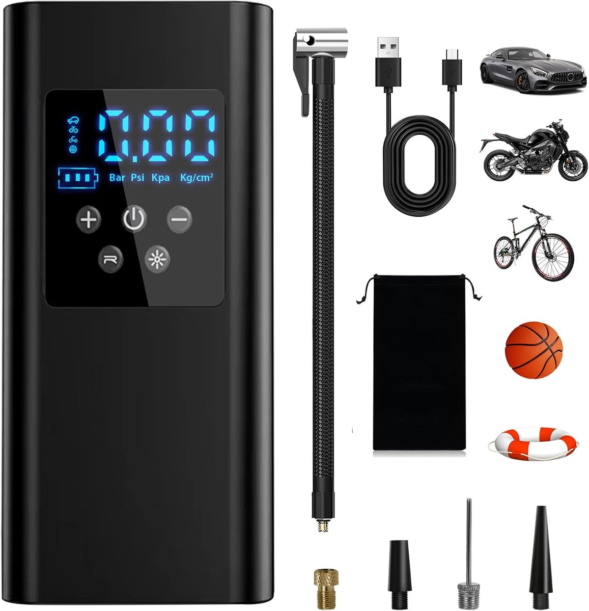 150PSI Draagbare Luchtcompressor, 6000mAh Bandenpomp met 4 Mondstukken, LED-zaklamp en Druksensor voor Auto's, Motoren, Fietsen en Ballen