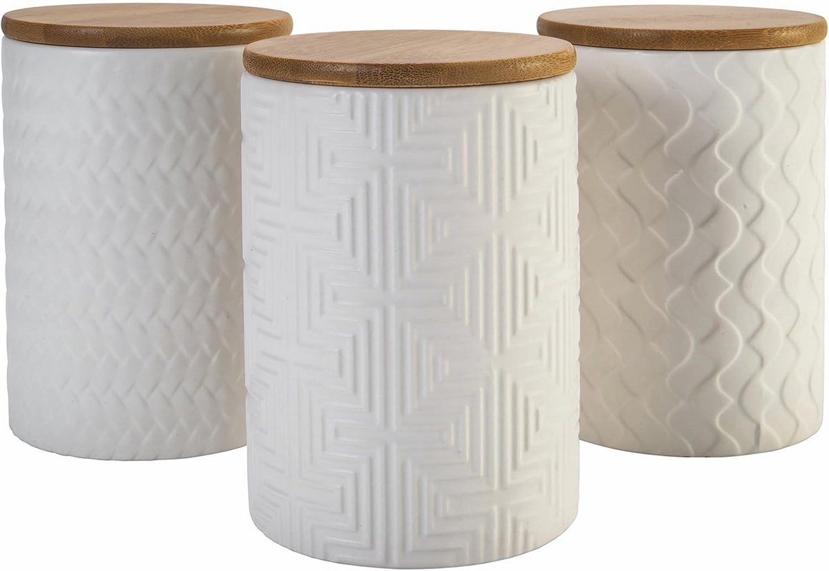 Set van 3 Opbergbussen met Bamboe Deksel - Keramiek met Geometrische Prints - 750ml