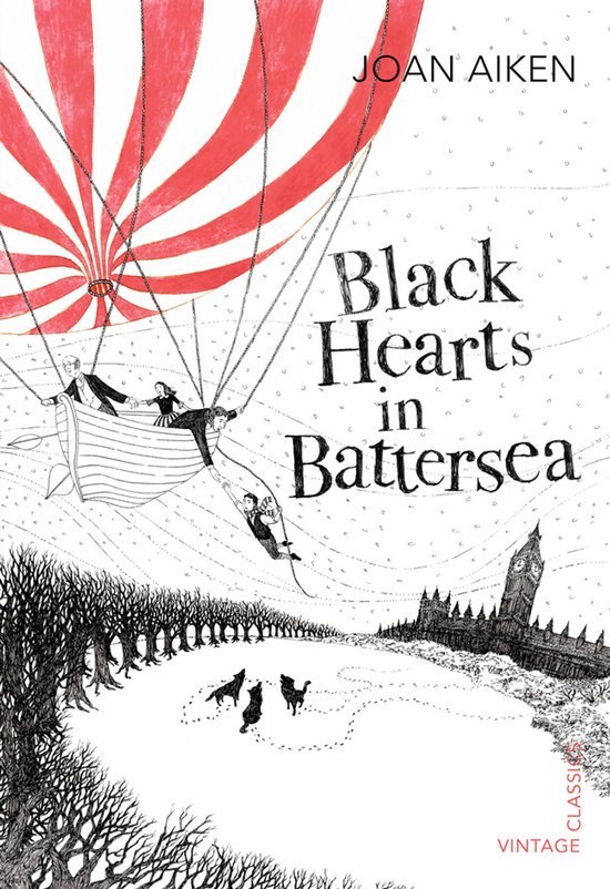 Boekomslag van 'Black Hearts in Battersea' met een illustratie van een luchtballon met rode strepen en mensen erin, boven een besneeuwd landschap met bomen en een silhouet van een gebouw.