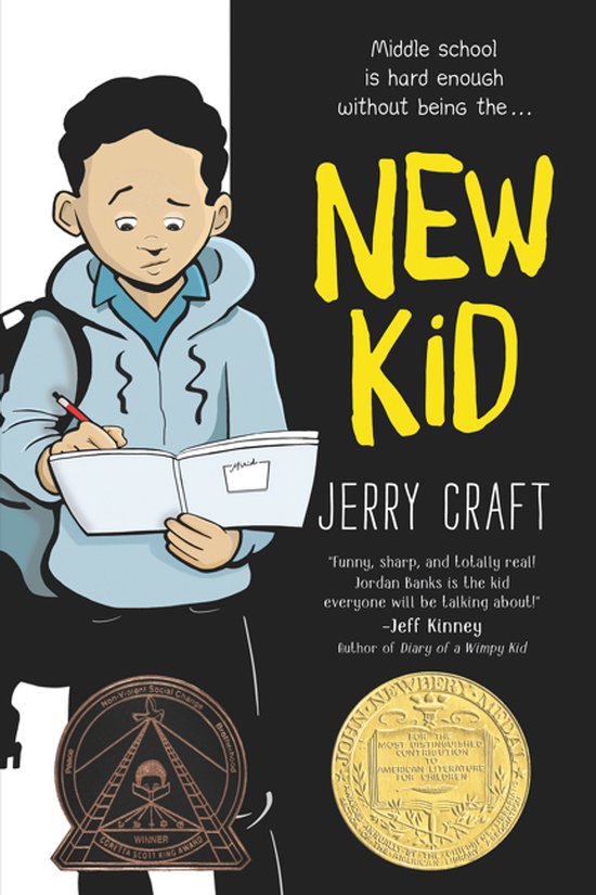 La couverture de 'New Kid' montre un garçon avec un sac à dos tenant un livre, avec le texte "Middle school is hard enough without being the... NEW KID" et des critiques.