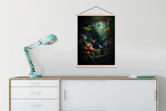 Posterhanger incl. Poster 60x80 cm - Schoolplaat - Bloemen - Planten - Jungle - Vogels - Textielposter - Blanke latten