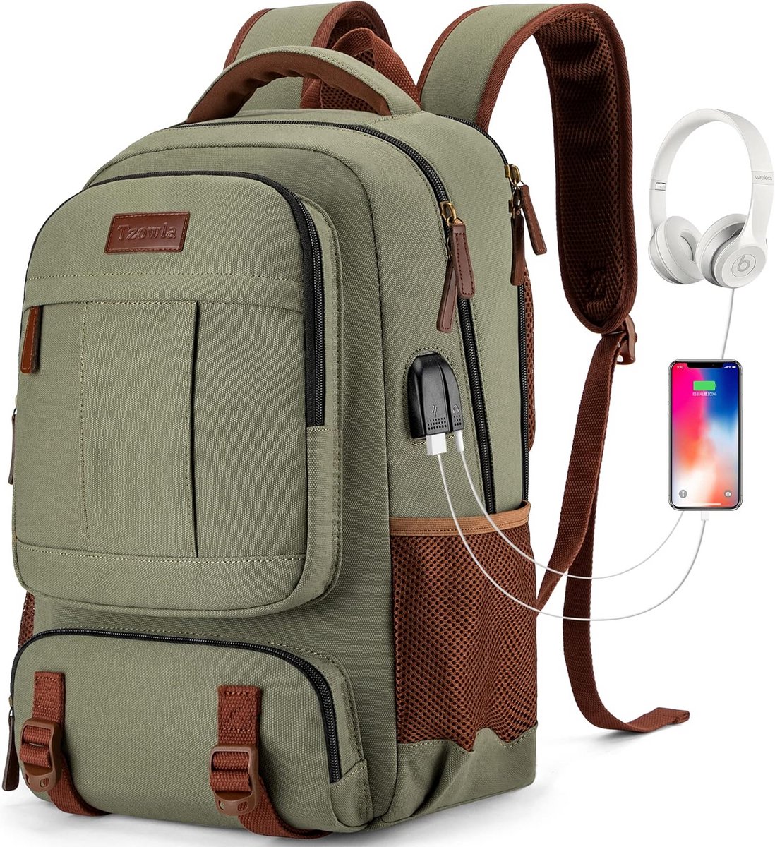 Vintage Canvas Laptop Rugzak voor 15 tot 17,3 Inch Laptops met USB Oplaadpoort