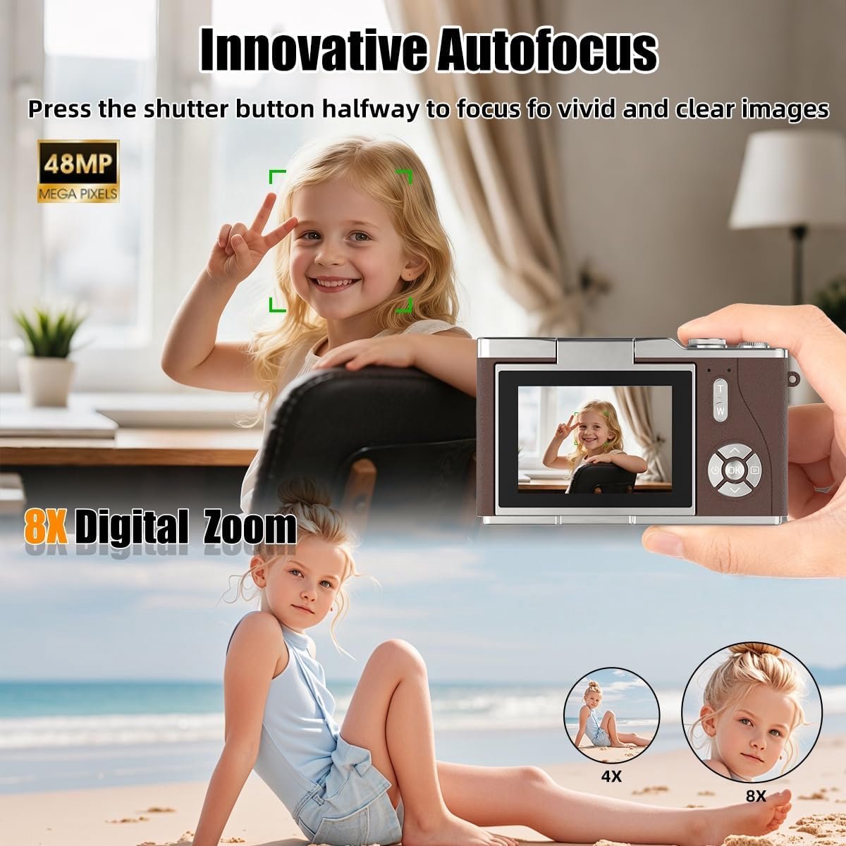 Digitale camera - 4K Digitale Camera 48MP met Flip Screen – Selfiecamera met 8x Zoom + 32GB Geheugenkaart - met 2,4 inch HD-kantelscherm, ingebouwd LED-invullicht - Vlogcamera - digitale camera kinderen - voor tieners en studenten (Bruin) thumbnail 3