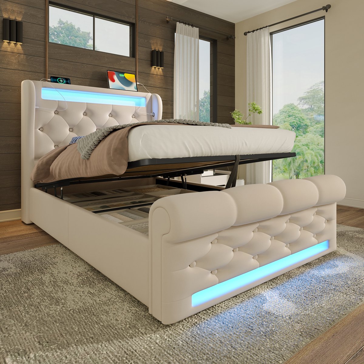OKWISH Gestoffeerd Bed 90x200 cm - Hydraulisch Opbergbed Met LED en USB/Type-C - Met Afneembare Hoofdbekleding - Fluweel - Beige - Zonder matras