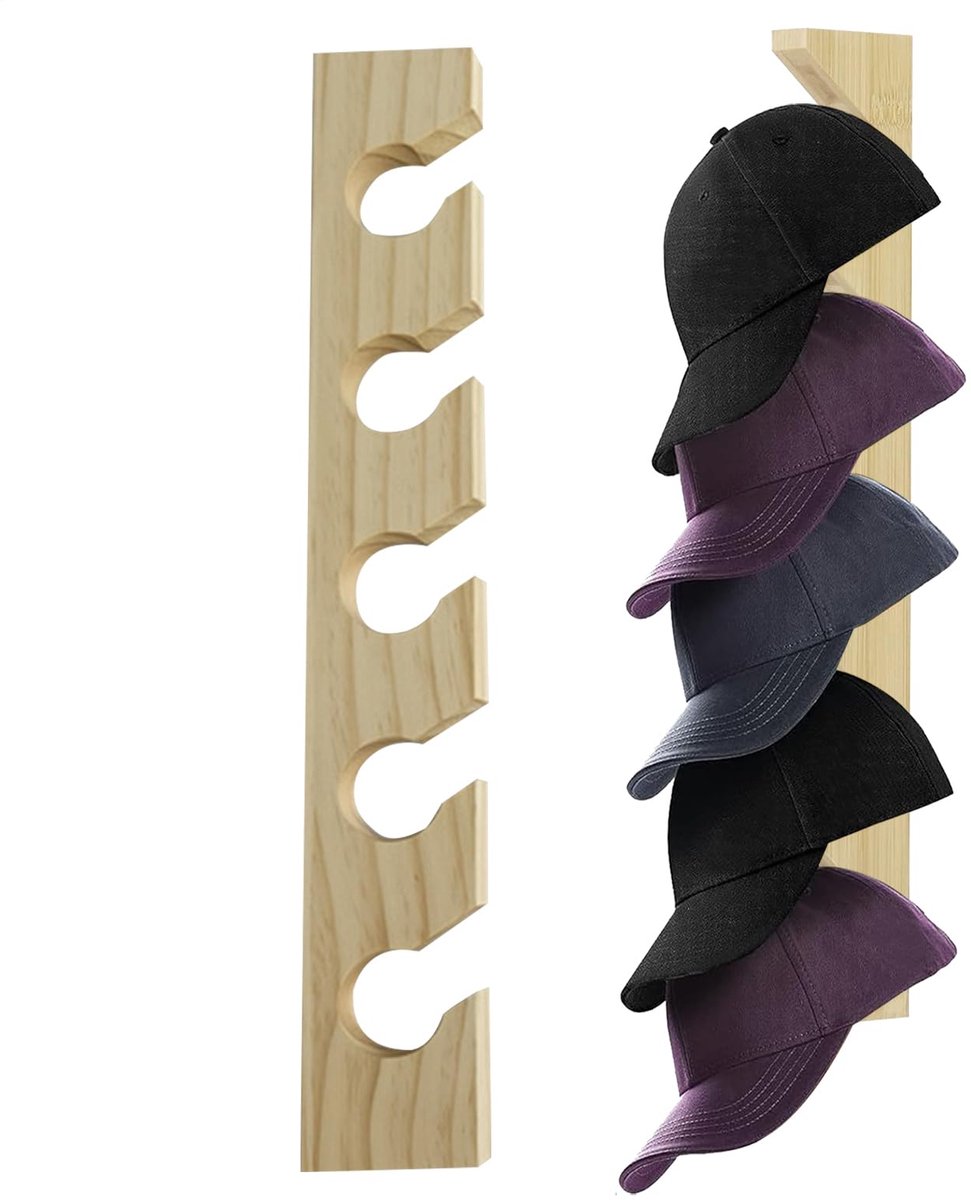 longziming -Hoedenrek - Pettenrek - Cap Rack - Houten Pettenrek - voor Baseballpetten – Wandmontage - Ruimtebesparend Pettenhouder met Haken - Geschikt voor Petten en Riemen - 2 Stuks