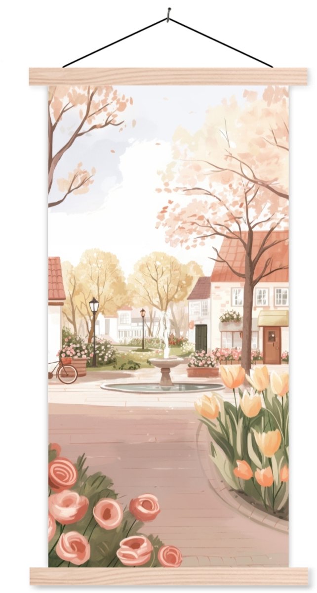Posterhanger incl. Poster 60x120 cm - Schoolplaat - Dorpsplein - Fontein - Tulpen - Textie