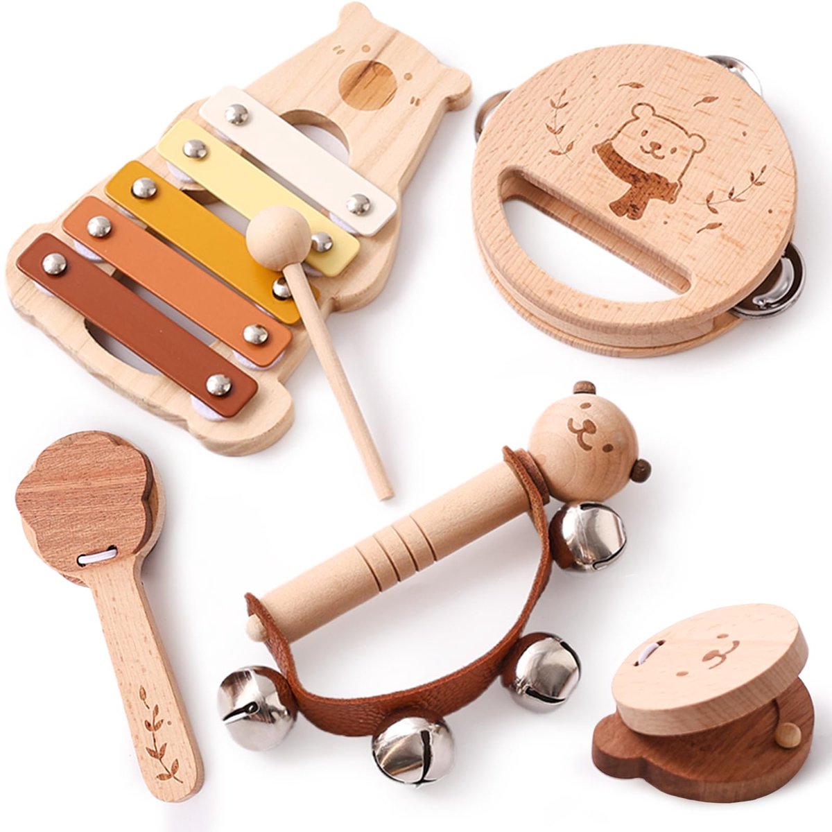5 stuks Babymuziekinstrumenten voor kinderen van 1, 2, 3, 4, 5 jaar, houten muziekspeelgoed met castagnetten, tamboerijn en xylofoon, cadeaus voor jongens en meisjes