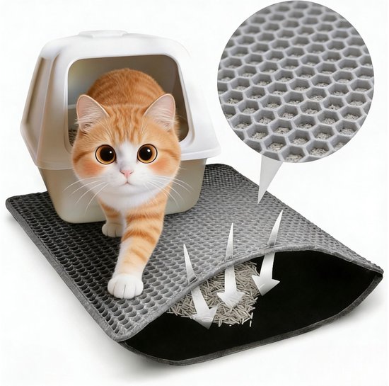 Tapis de bac à chat – Design nid d'abeille – Double couche – Étanche – Fond antidérapant – Pour bac à chat – 75x55 Cm – 1 pièce – Grijs