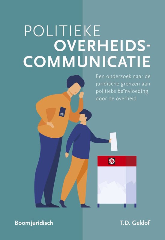 Cover van het boek 'Politieke overheidscommunicatie' met een illustratie van twee figuren bij een stembus. Op de achtergrond staat de titel.