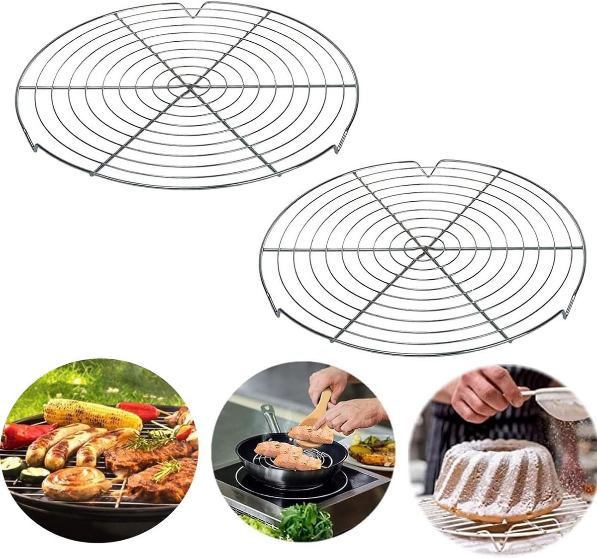 Set van 2 Ronde RVS Koelroosters 32 cm - Zilver - Ideaal voor Bakken, Braden en Grillen