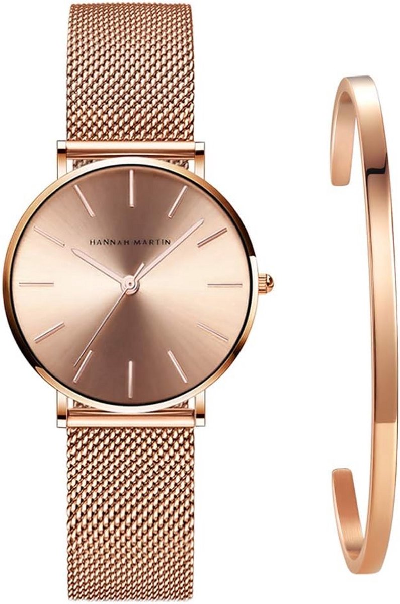 Dames Horloge Set met Minimalistisch Quartz Analoog Horloge en Roestvrijstalen Armband