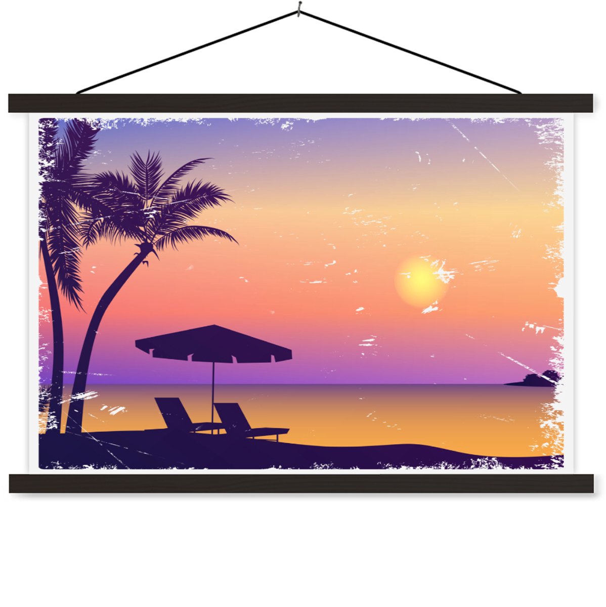 Posterhanger incl. Poster 60x40 cm - Schoolplaat - Strand - Stoel - Parasol - Nacht - Text
