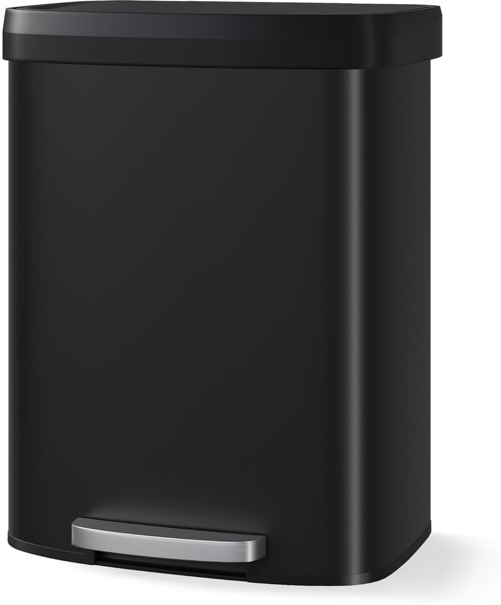 Prullenbak - 60L metalen pedaalemmer met deksel - grote keukenprullenbak, soft-close, met beugelring en achtergreep - Zwart
