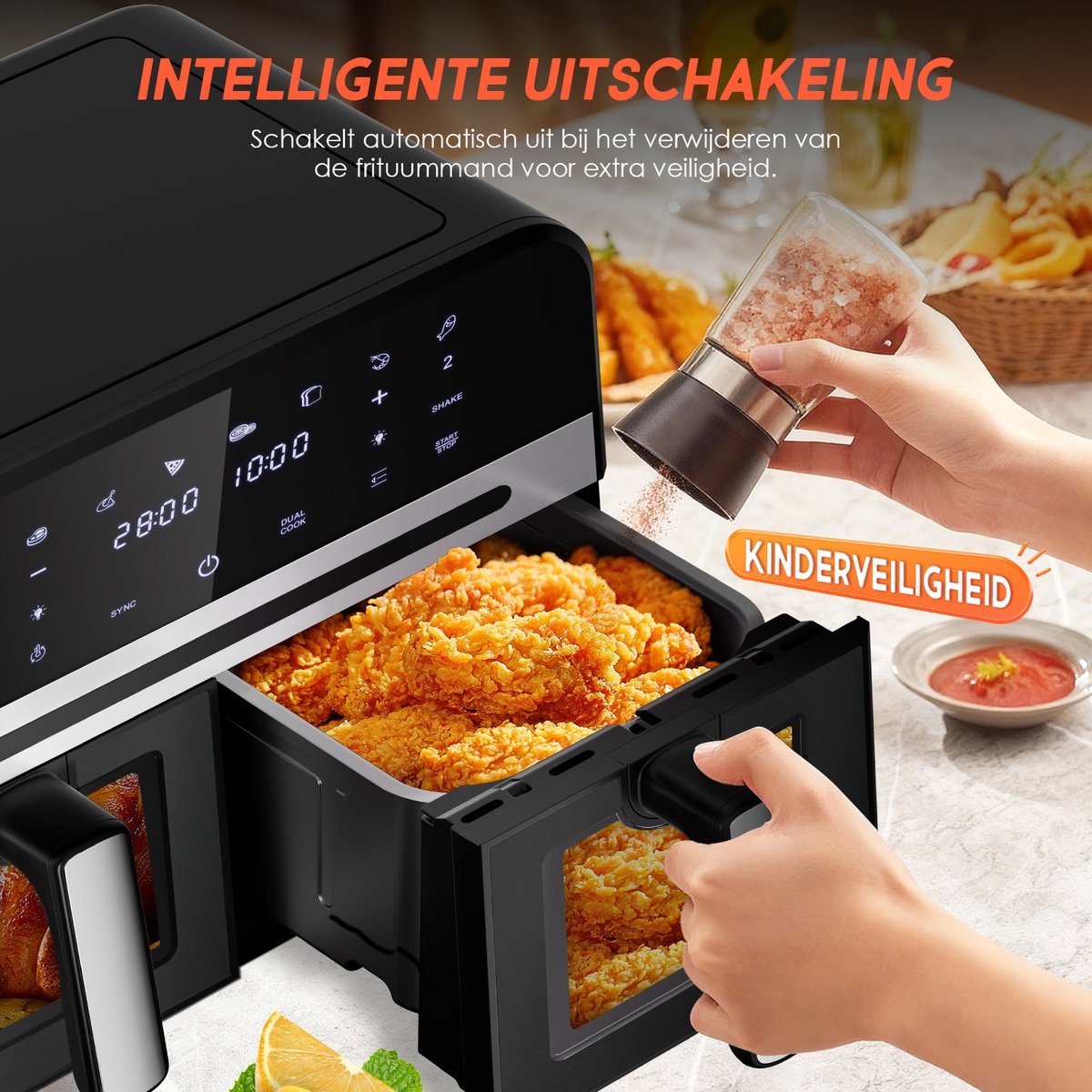 Dubbele Airfryer XXL 10L (2×5L) – 8 Automatische Programma’s – Grote Capaciteit voor 6 Personen – 2500W Krachtig Vermogen – Dual-Zone 2 Manden met SYNC Technologie – Gezond Frituren Zonder Olie – Met Kijkvenster – Zwart — afbeelding 7
