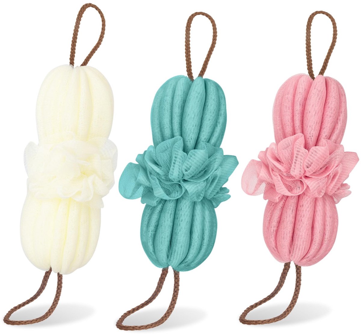 3 stuks bad- en doucheluffaspons, lange rekbare rugspons, exfoliërende rugscrubber voor de douche voor vrouwen en mannen - marineblauw + roze + witter