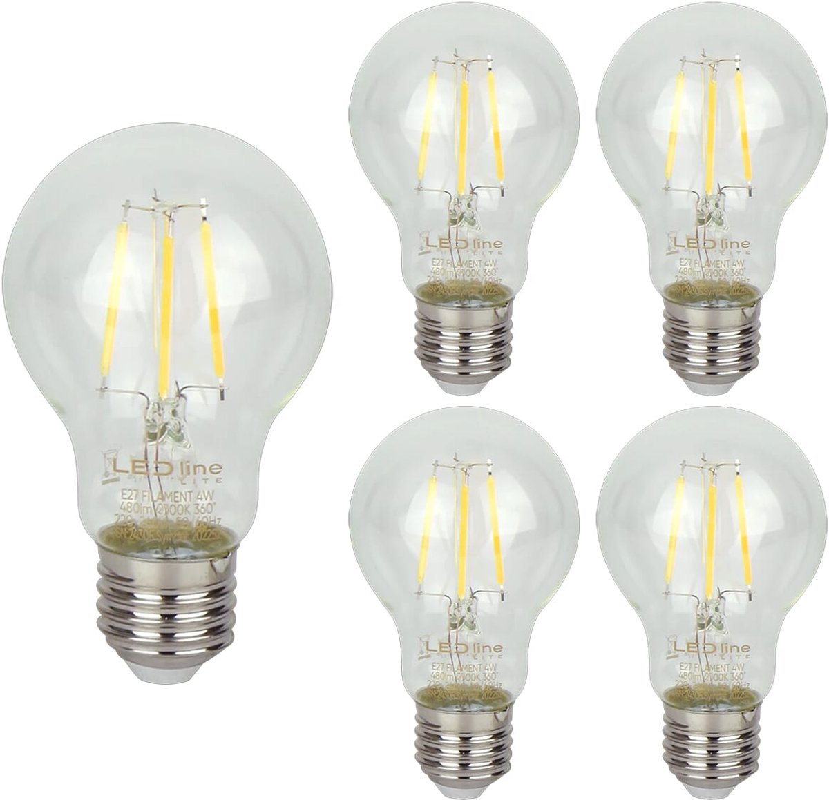 LED line LITE LED Filament Lamp A60 E27 - 4W (vervangt 40W) - 480lm - Ø60mm - 230V - Energiezuinig - 5 stuks