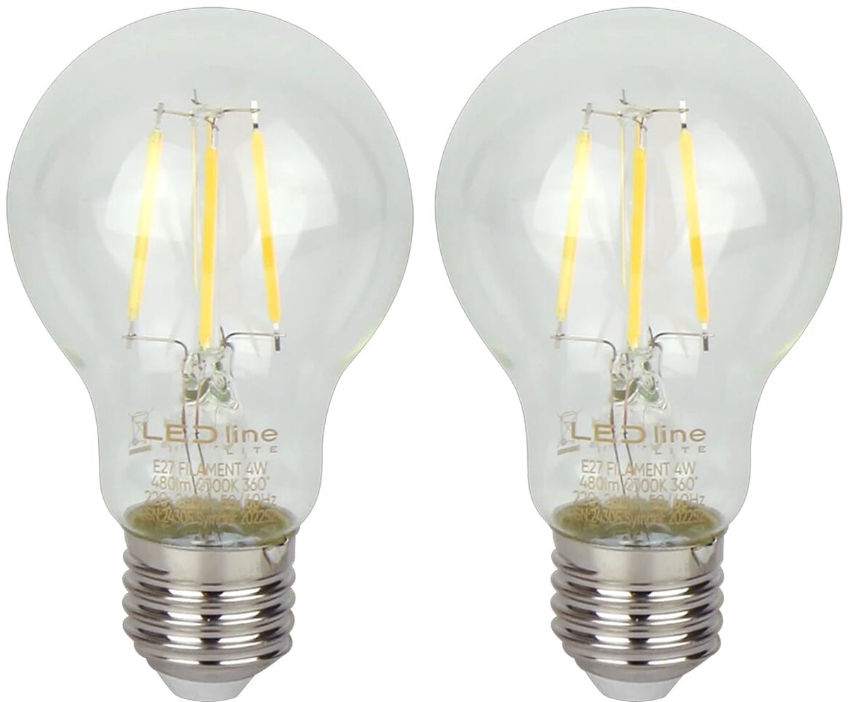 LED line LITE LED Filament Lamp A60 E27 - 4W (vervangt 40W) - 480lm - Ø60mm - 230V - Energiezuinig - 2 stuks