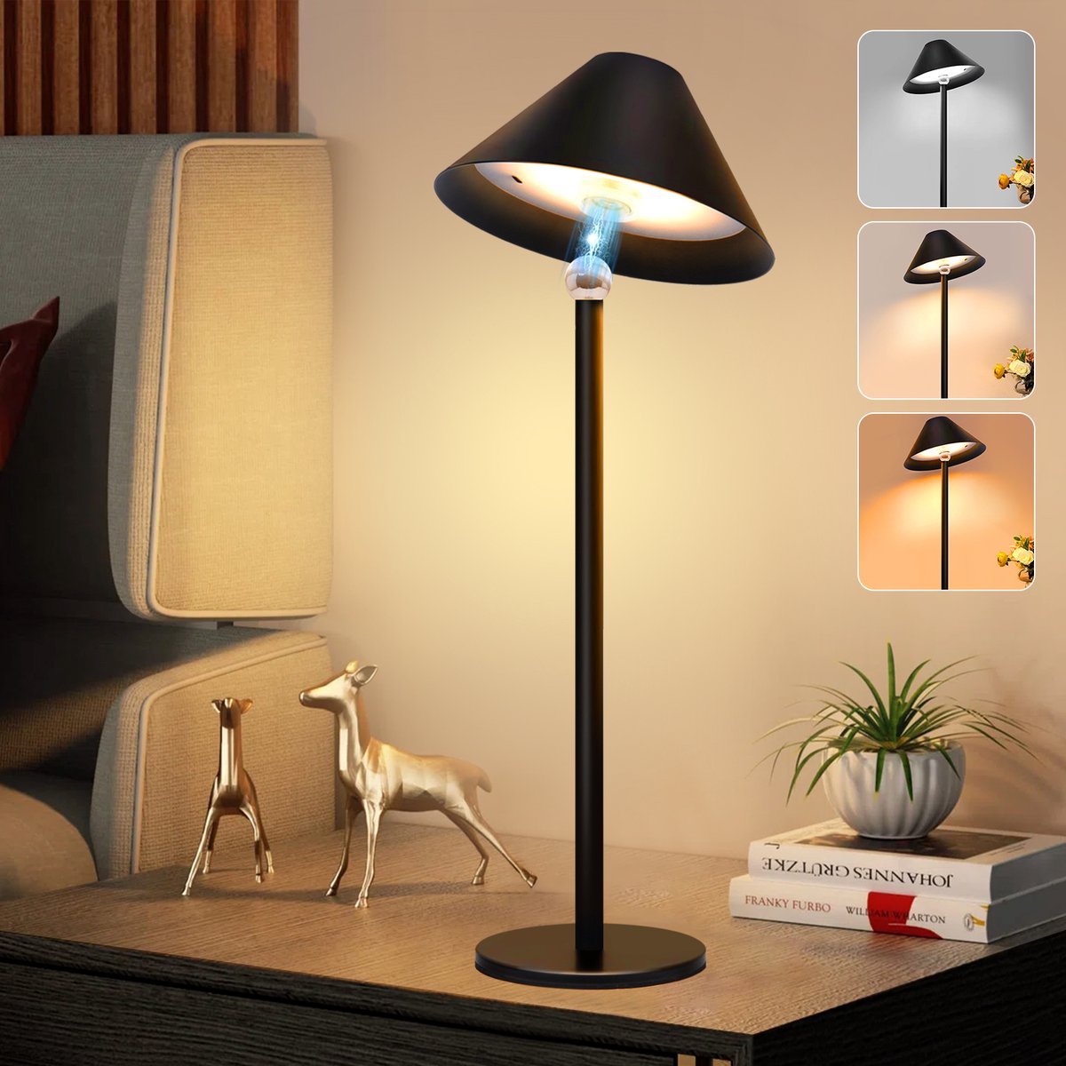 Rosnek Decoratieve Tafellamp met Kap - 3 Kleuren Touch Bediening - 360° Magnetisch Draaibaar Design, 4000 mAh Dimbare LED Tafellamp, Oplaadbare Industriële Slaapkamer/Woonkamer Lamp voor Binnen & Buiten(Zwart)