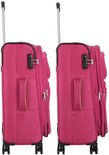 Twee identieke roze koffers met uittrekbare handgrepen en wielen.