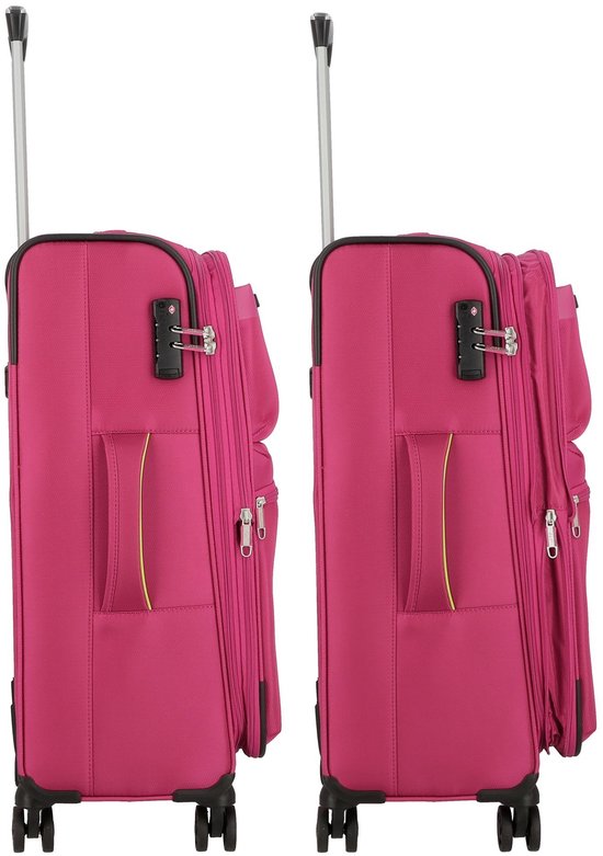 Twee identieke roze koffers met uittrekbare handgrepen en wielen.
