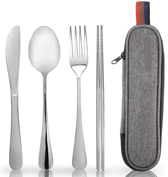 Draagbare campingbestek, set van 2 stuks, met leren tas, gemakkelijk in de tas te