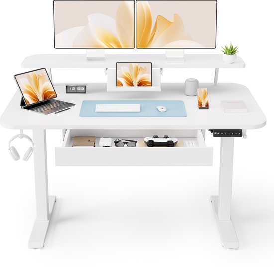 COMHOMA - Elektrisch Bureau 120x60 cm - Met Laden en Monitorstandaard - Wit