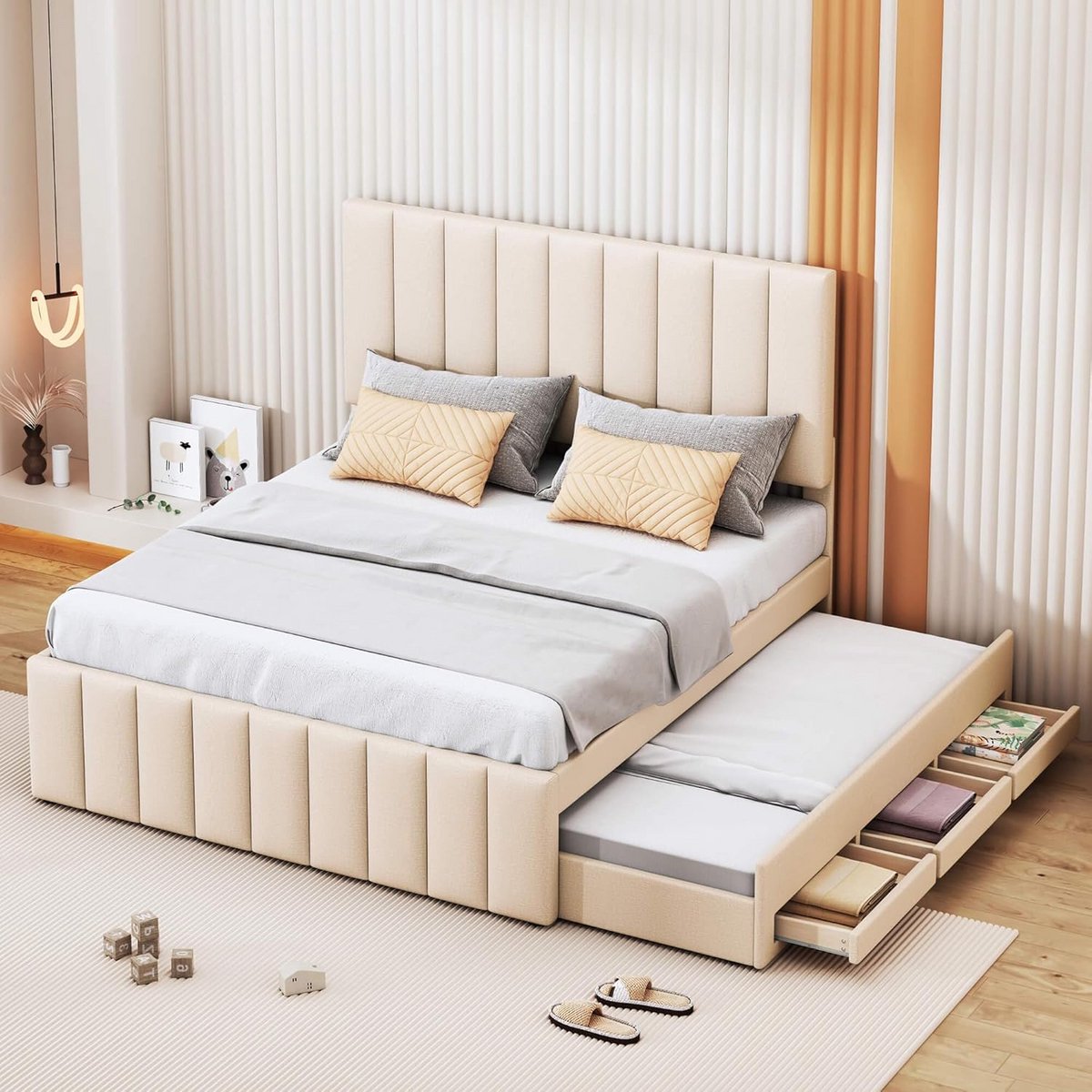 Gestoffeerd Tweepersoonsbed 140x200 met Lades en Lattenbodem - Huisbed