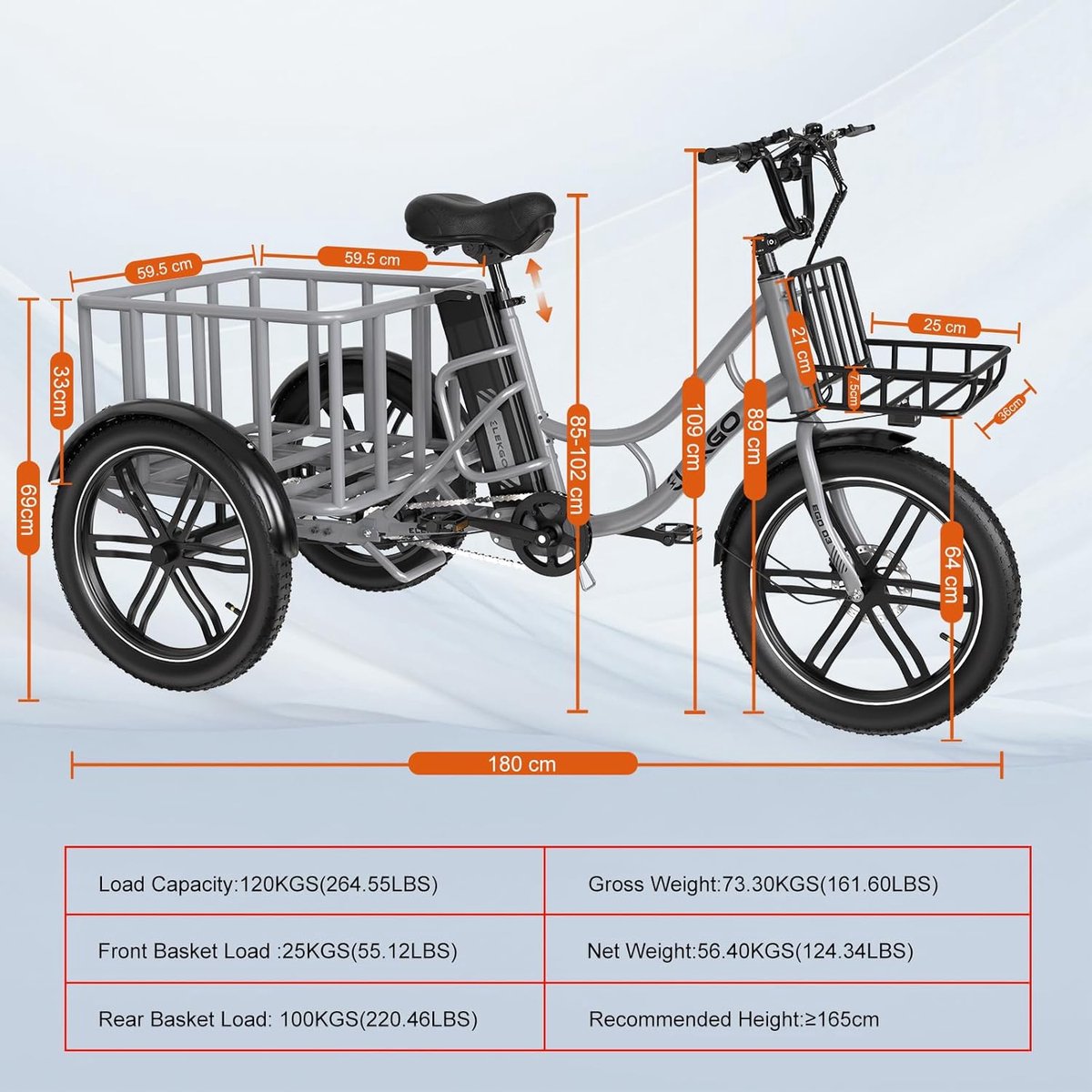 ELEKGO Elektrische Driewieler EGO 03S - 20*3.0 Inch Fat Tire City Commuter EBike met Afneembare 48V 18 Ah Lithium Batterij - Bakfiets E-Bike met 250W Motor - IP54 Waterdicht – foto 5