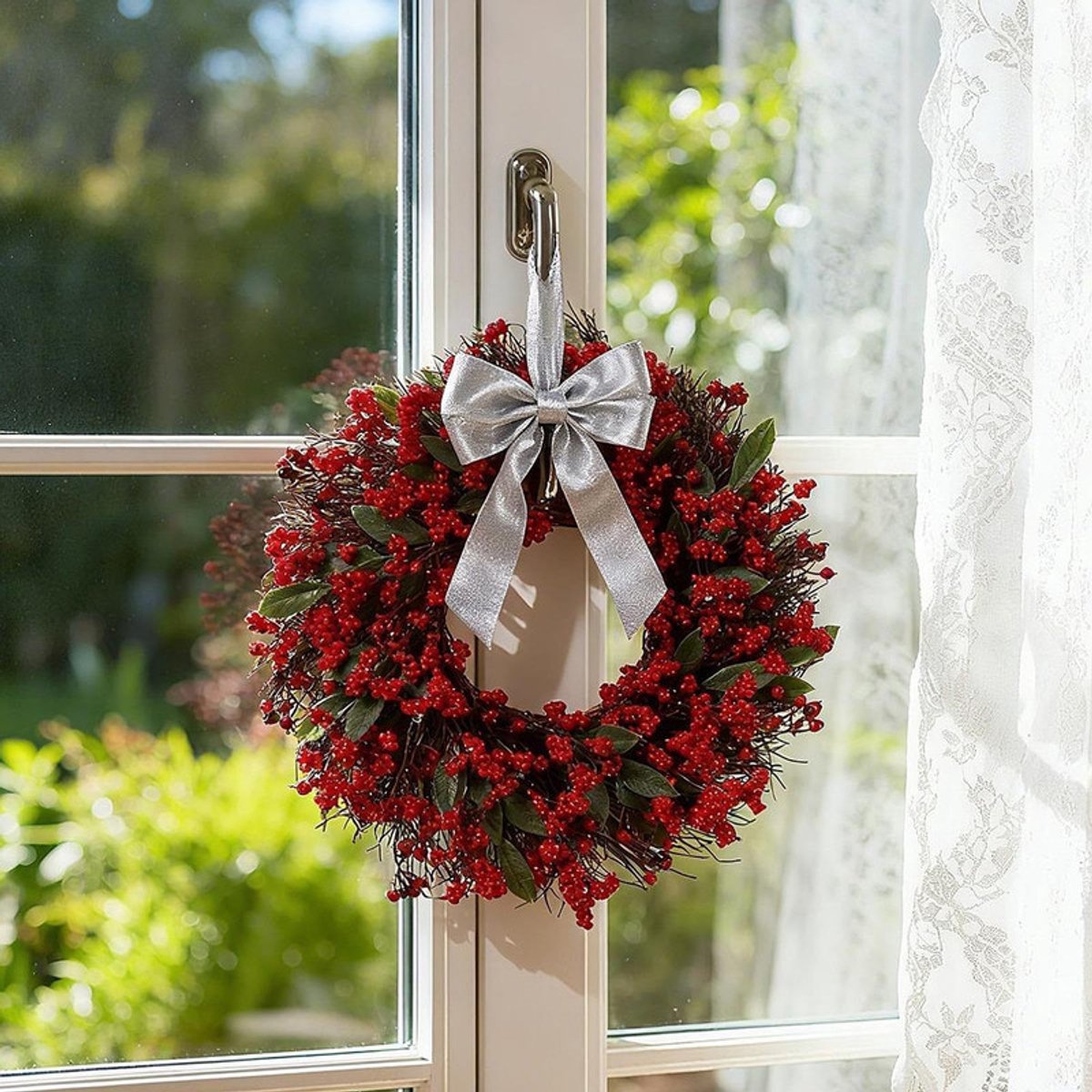 Ronde Krans - Kerstkrans - Rode bessenkrans - Rood - Versierd met rode bessen, handgemaakte dennentakken en cipressenbladeren - 45 cm - Kunstmatige kerstkrans - Wandkrans – foto 3