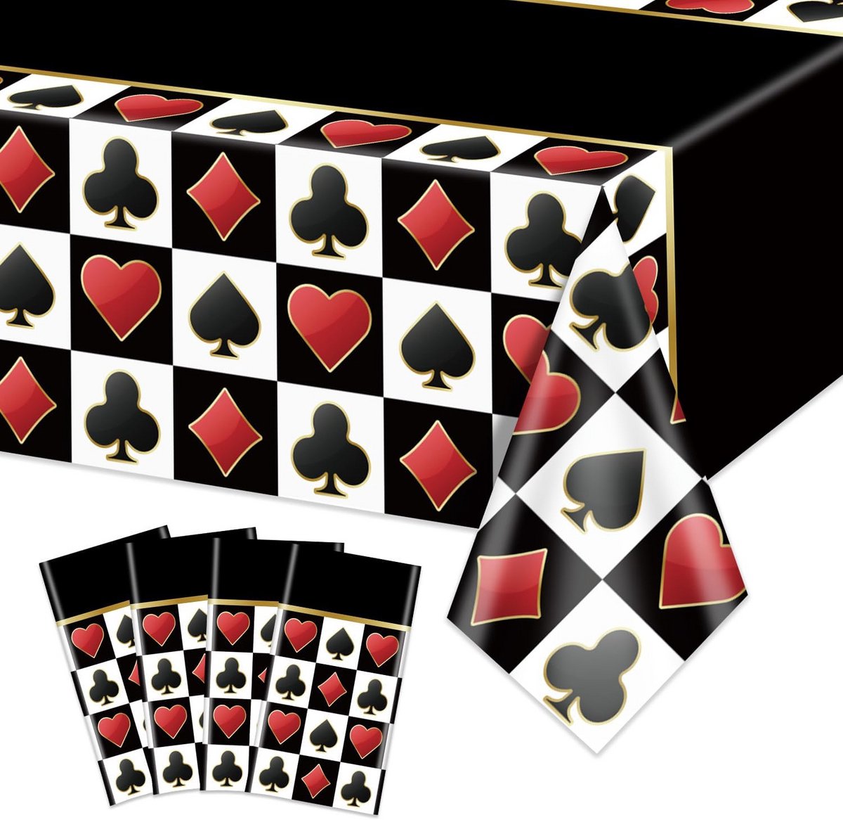 4x Rechthoekig Tafelkleed Zwart Poker Speelkaarten Decoratie voor Casino Thema Feest en Spelavond