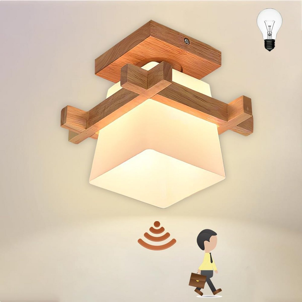 Plafondlamp met Bewegingssensor en Radar voor Binnen - Moderne Houten Uitstraling - E27 Fitting
