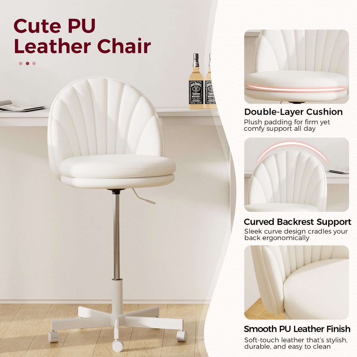 Homeoffice Draaistoel Kunstleer Wit Hoogte Verstelbaar - afbeelding 2