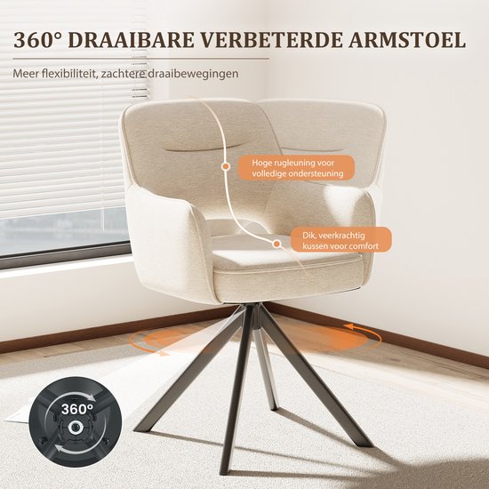 Beige stoffen fauteuil met armleuningen, gebogen rugleuning en holle rug voor ademend vermogen. Zwarte draaibasis.