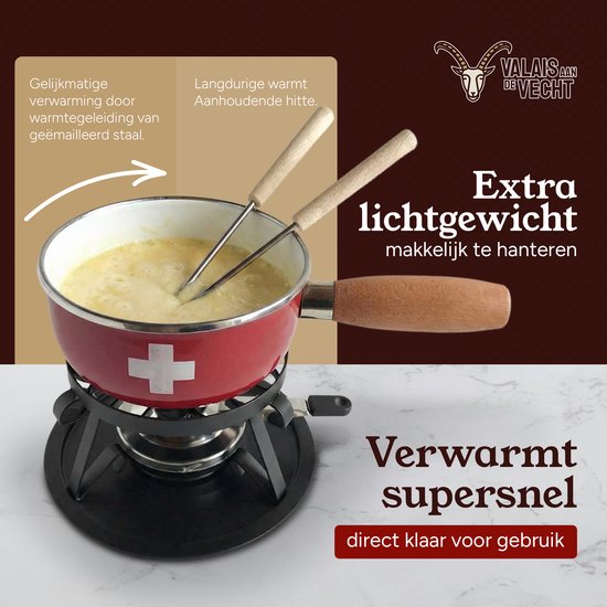 Nouvel Fondueset – Kaasfondue Set Geëmailleerd Staal - Fonduepan 1.5L - Incl. Fondue vorken - Inductie Geschikt – Compleet met Rechaud & Brander – Premium Zwitsers Design — afbeelding 3