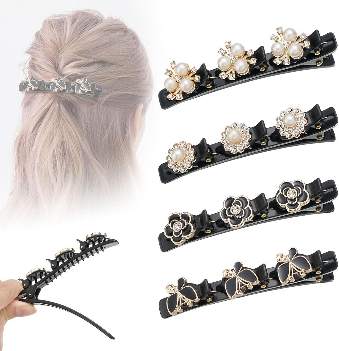4 Stuks Gevlochten Strass Haarclips met Kristallen en Dubbellaagse Stijl