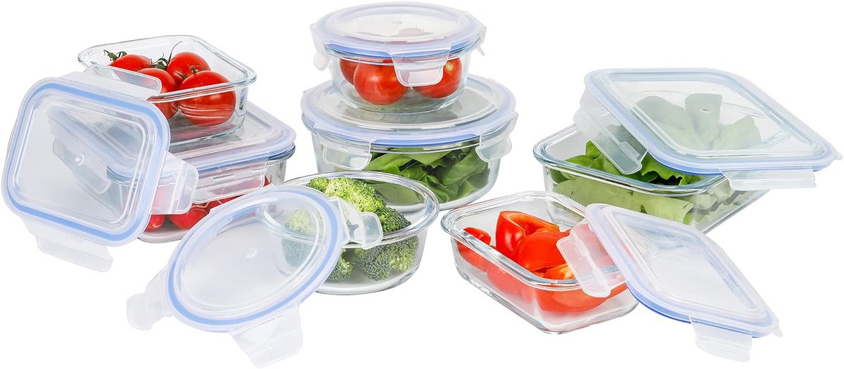 7-Delige Set Glas Bewaarboxen met Deksel - Rechthoekig & Rond - Magnetron- & Ovenbestendig