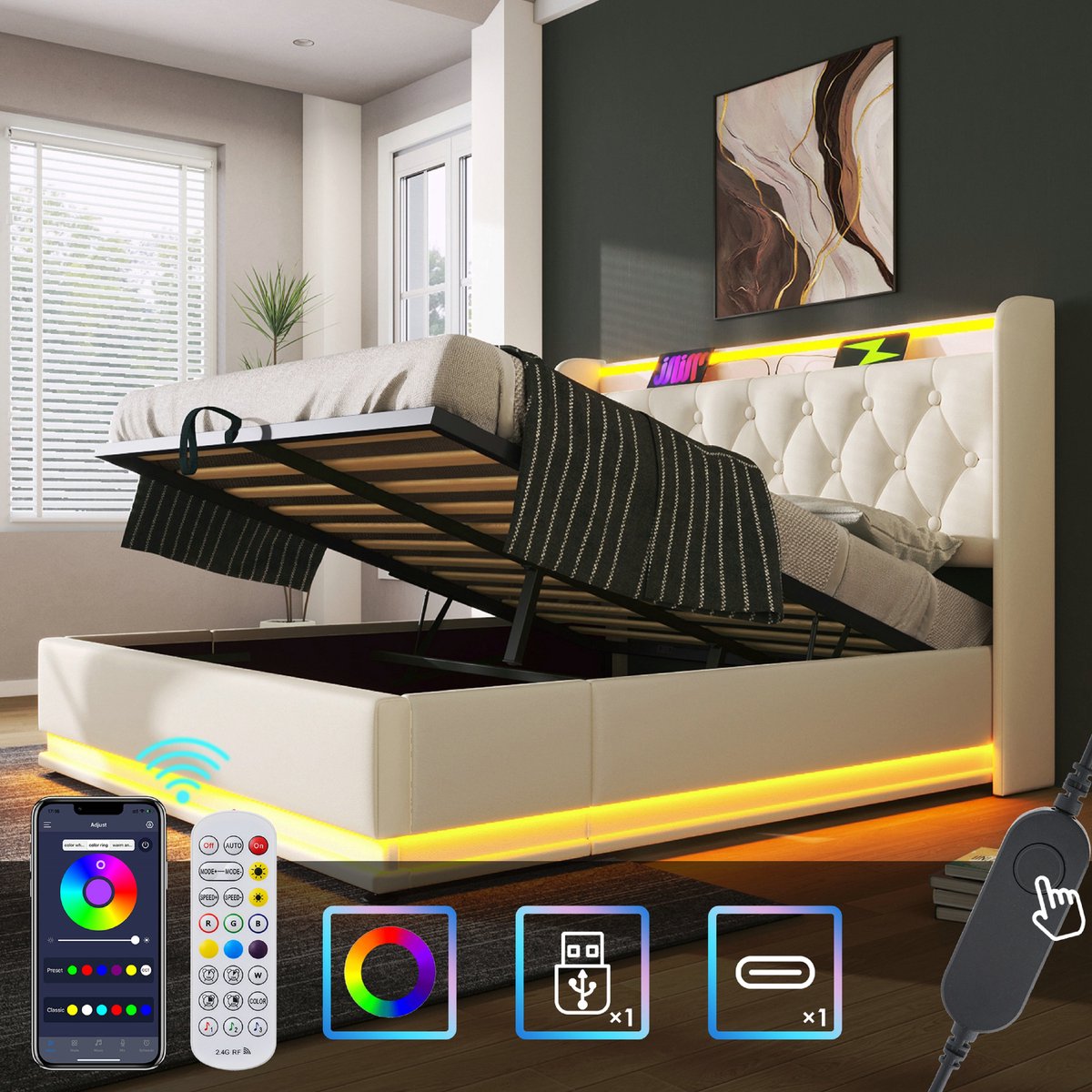 VVBV 160x200 cm Tweepersoonsbed met 360 graden panoramische ledverlichting - Hydraulisch opbergbed met USB Type-C-oplader - PU-leer - wit White