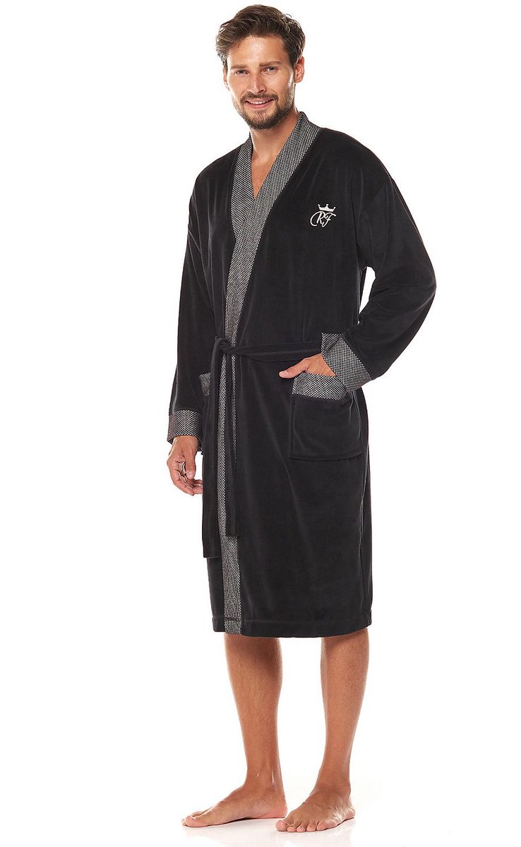 Heren Badjas - Badjas - Zwarte badjas - Badjas met kraag - Badjas veloursstof - Katoenen badjas - Lange badjas - Maat L - Elegante badjas