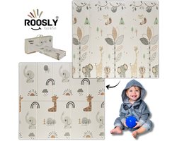 Roosly Speelmat Baby - Speelkleed Baby - Inclusief Opbergtas - babygym - Dubbelzijdig en opvouwbare Foam XPE 180 x 200 cm - speelgoed - Veilig & Zacht - model Safari