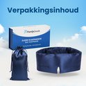 Emballage du masque de sommeil en soie PurelyGoods : boîte, masque de sommeil et pochette de rangement en bleu marine.