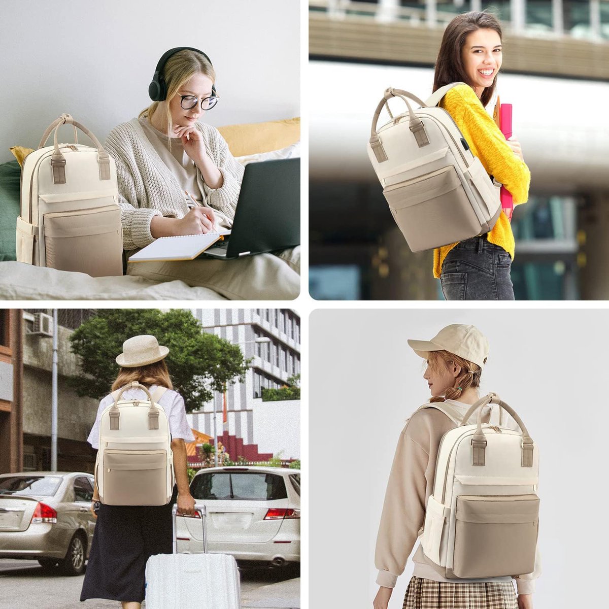 Rugzak Voor Dames - Rugtas - Grote 40l Reistas Met Laptopvak - Comfortabele Schoolrugzak Voor School Universiteit En Dagelijks Reizen - Ruime Waterafstotende Backpack In Beige – foto 5