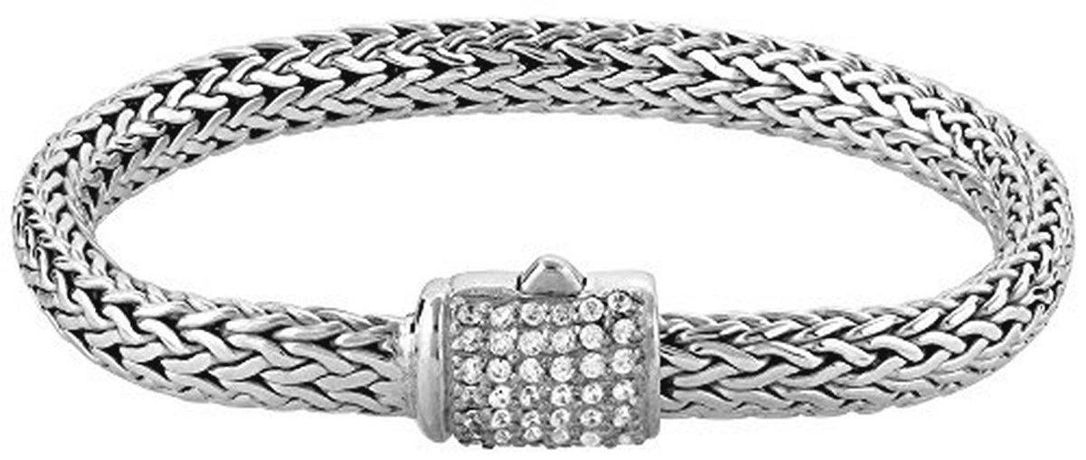 Kuzzoi Buddha Design Silver Bracelet for Women, Handmade Bracelet Made of Solid 925 Sterling Silver with 42 Cubic Zirconia, Exclusive Women's Bracelet, Engraving, 7 mm Wide