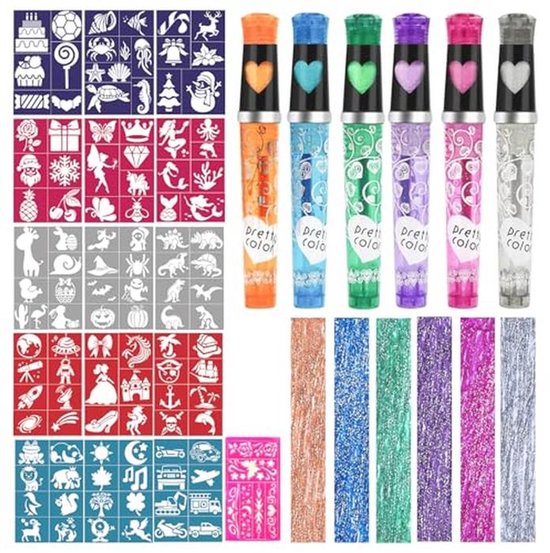 Glitter Tattoo Set voor Kinderen - 24 Kleuren én 150 Sjablonen