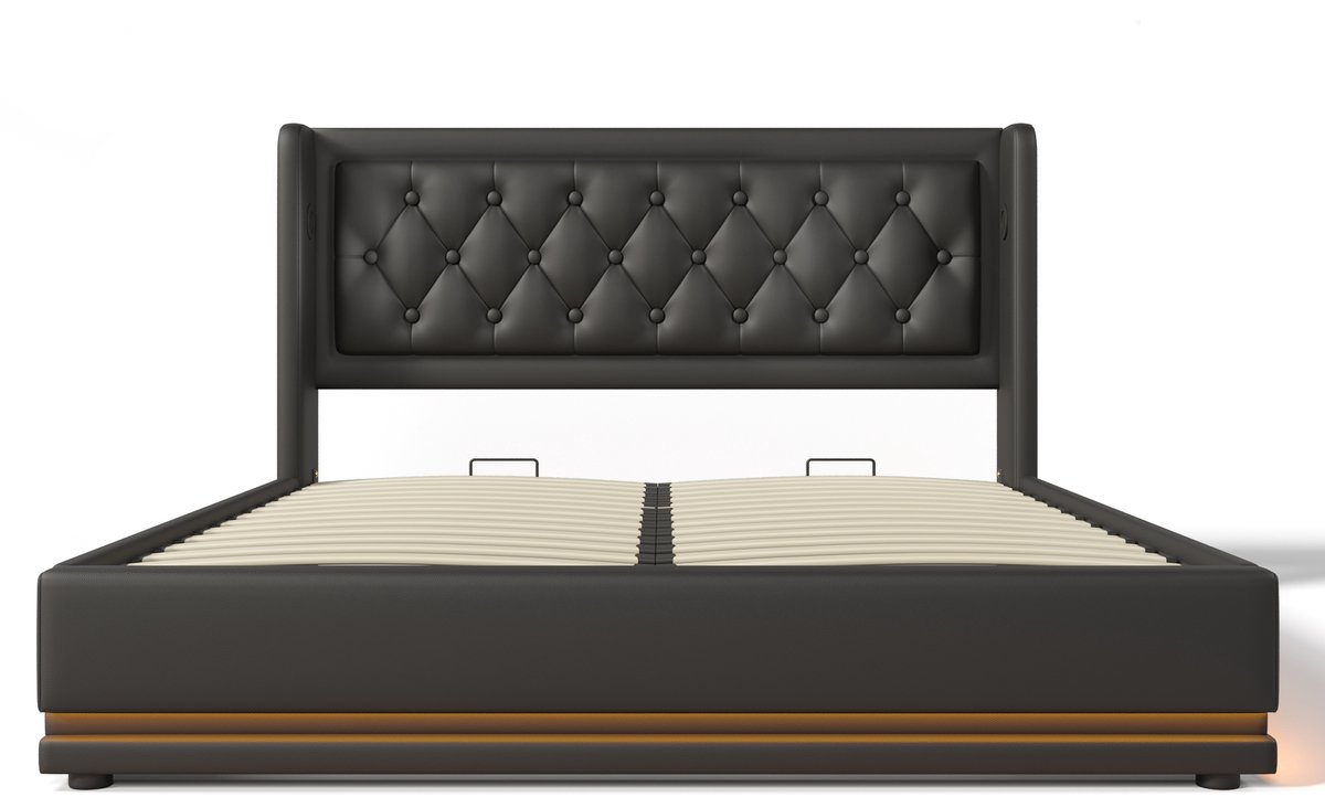 MODFU Zwart PU gestoffeerd tweepersoonsbed 160x200 cm met USB-C, hydraulische opbergruimte en 3-zijdige LED-verlichting