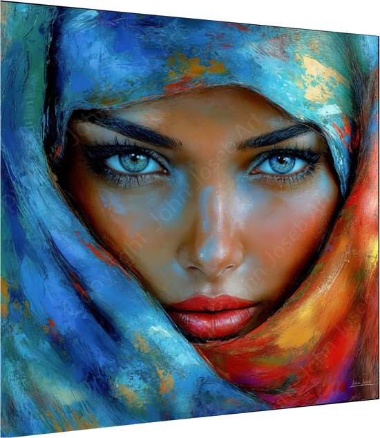 JJ-Art (Toile) 60x60 | Belle femme voilée, abstrait, foulard, artistique, coloré, couleurs vives, art, carré, bleu, rouge, jaune, marron, moderne | Impression sur toile Photo-Painting (décoration murale)
