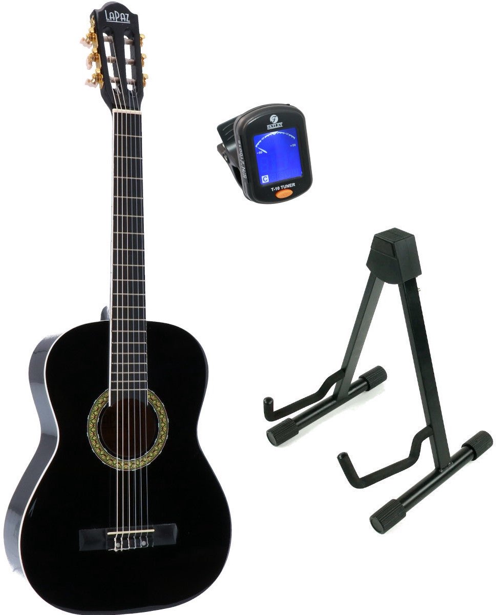 LaPaz 002 BK klassieke gitaar 3/4-formaat zwart + statief + tuner