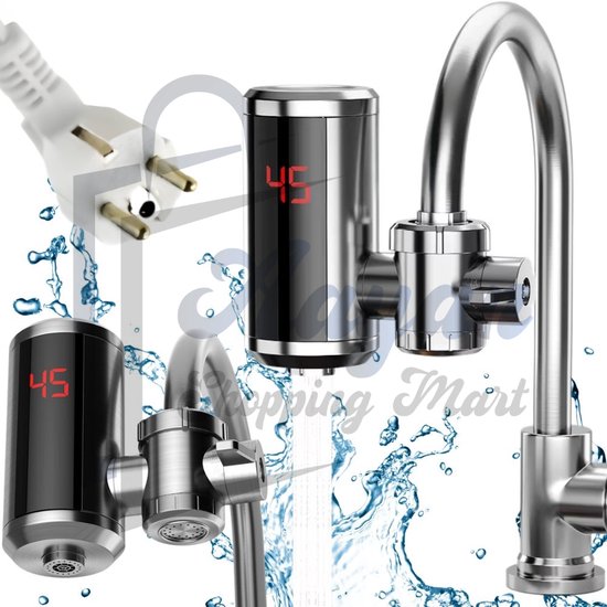 Chauffe-eau électrique avec affichage LED – 3000W – Robinet pivotant – Robinet chauffant – Robinet de cuisine chauffant électrique avec LCD – Eau chaude instantanée – argent – 76515